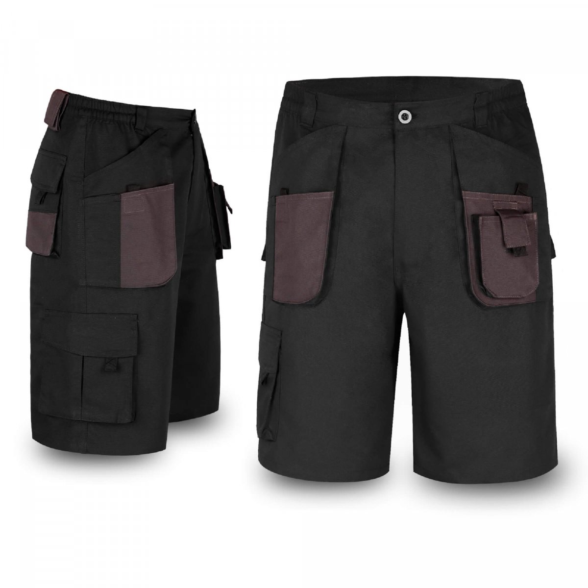 Black cargo shorts with multiple pockets on a white background