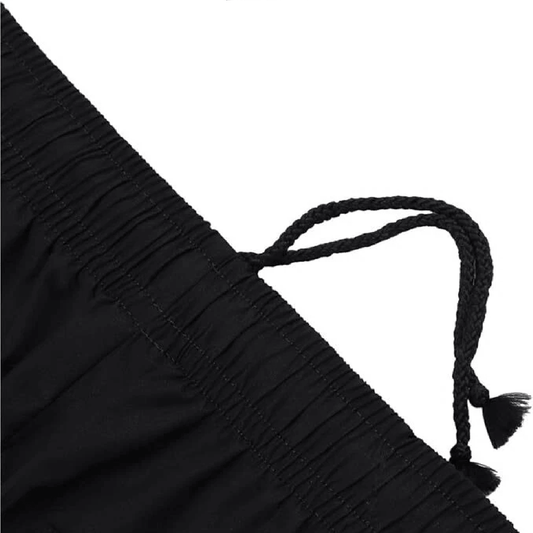 Close look of drawstring of black work trouser