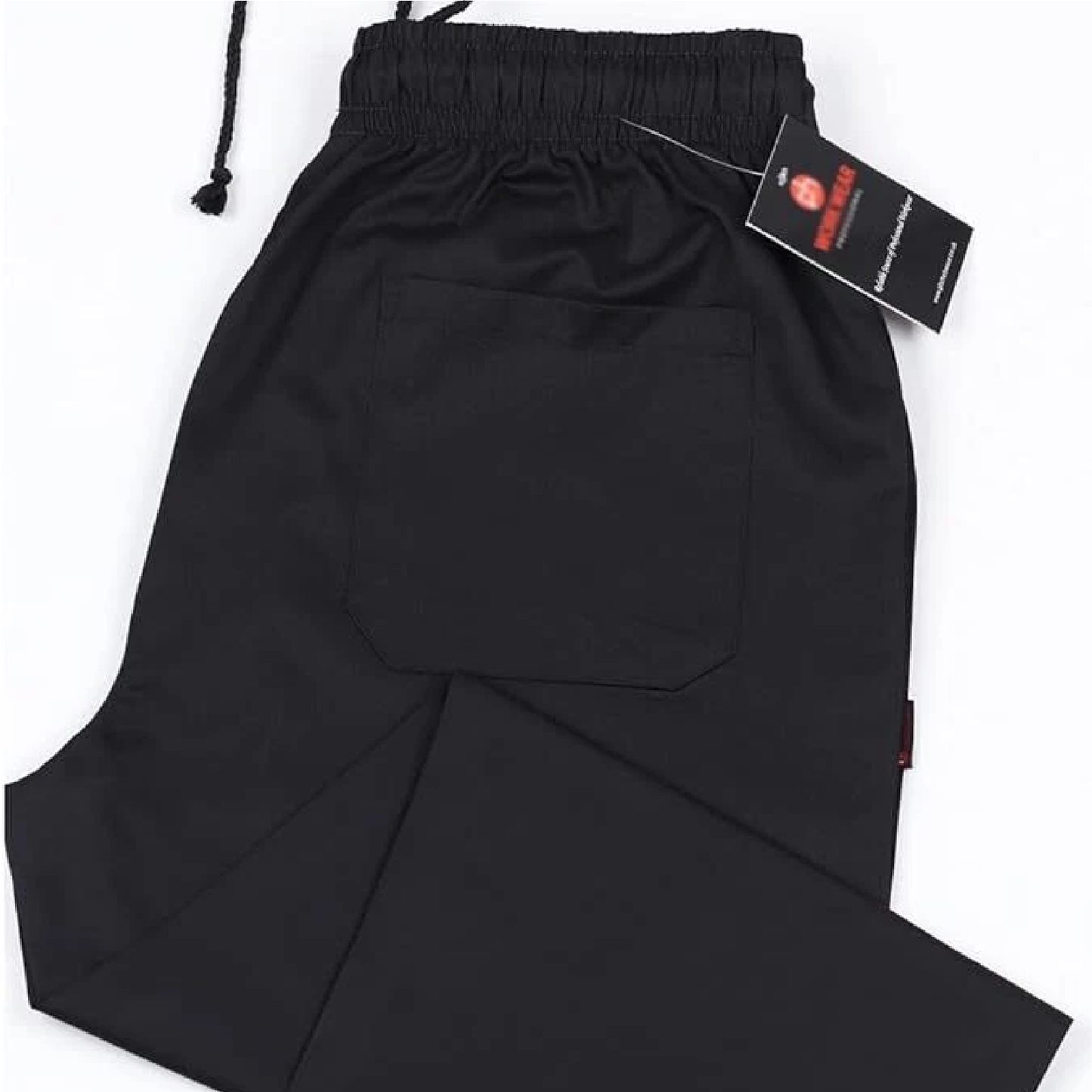 Black drawstring work trouser with a tag and back pocket look on a white background