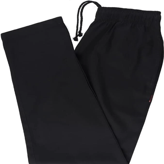 Black drawstring pants on a white background