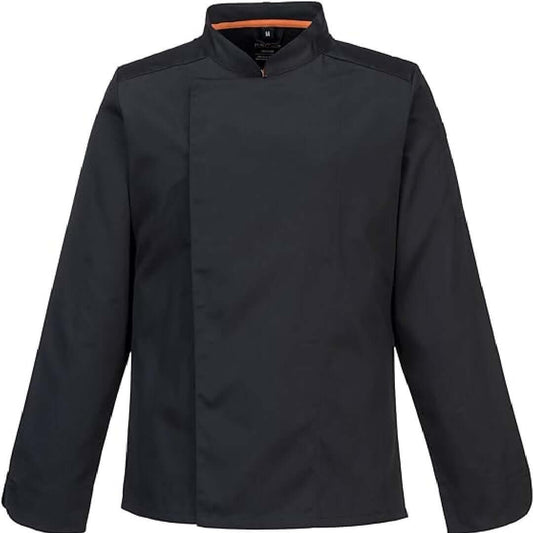 Black hidden button full sleeve chef's coat on a white background