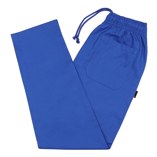 Blue drawstring medical scrub trouser on a white background