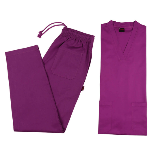 Purple scrub set with pants and top on a white background