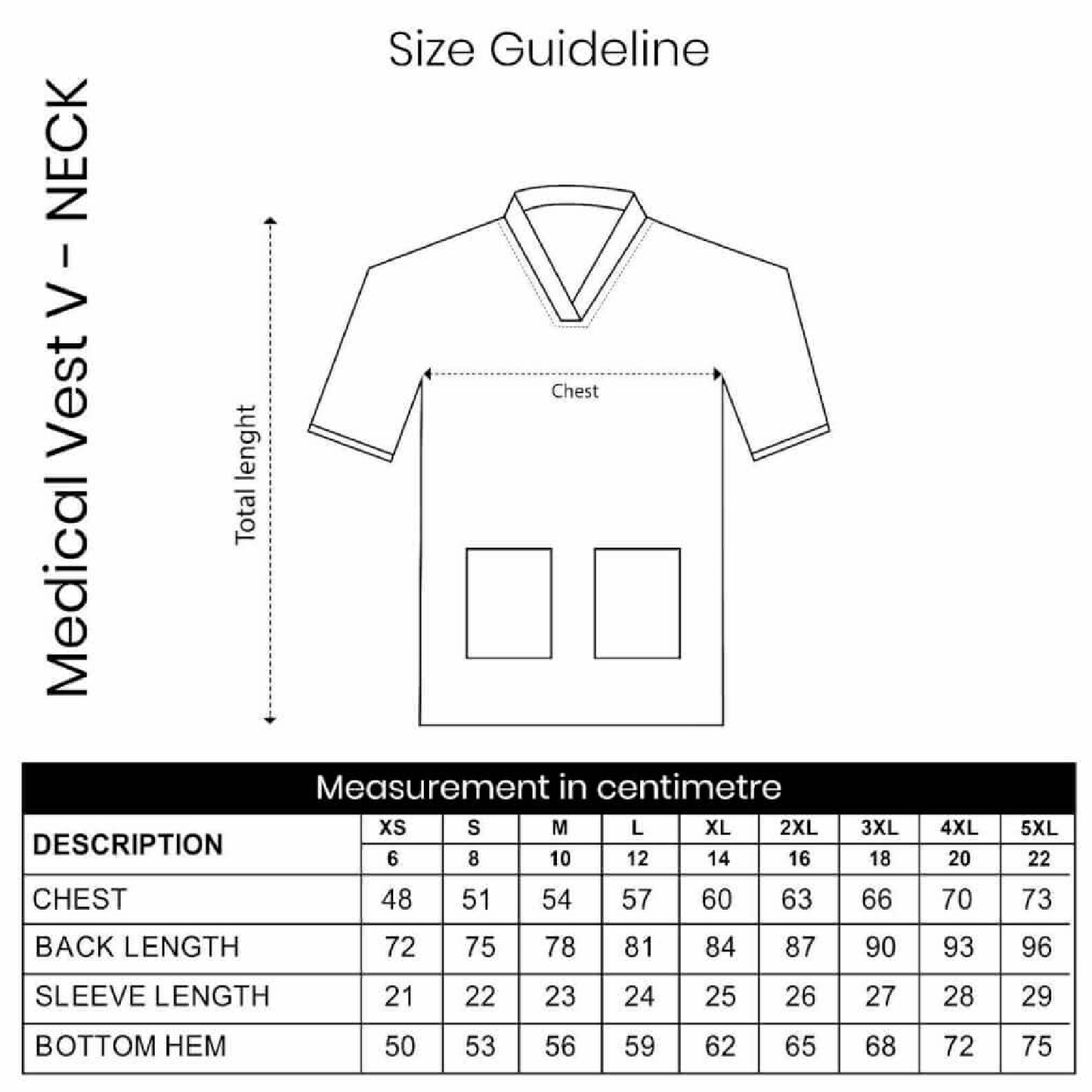 Size guideline chart for a medical vest with measurements in centimeters.