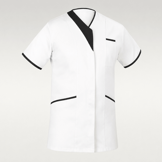 A white short-sleeve medical scrub top with black trim on the V-neckline, sleeve cuffs, and pocket edges, shown against a light gray background.
