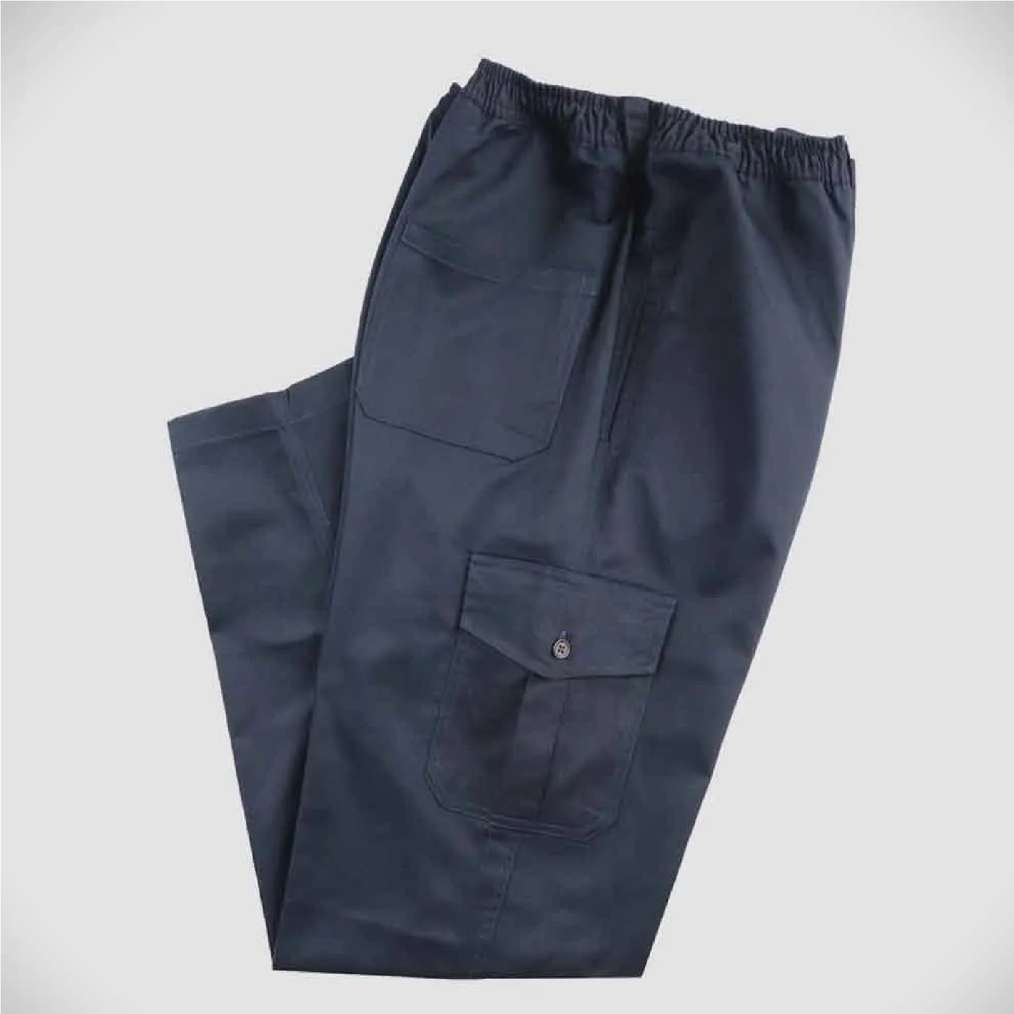 Dark blue pants with two front pockets on a light gray background