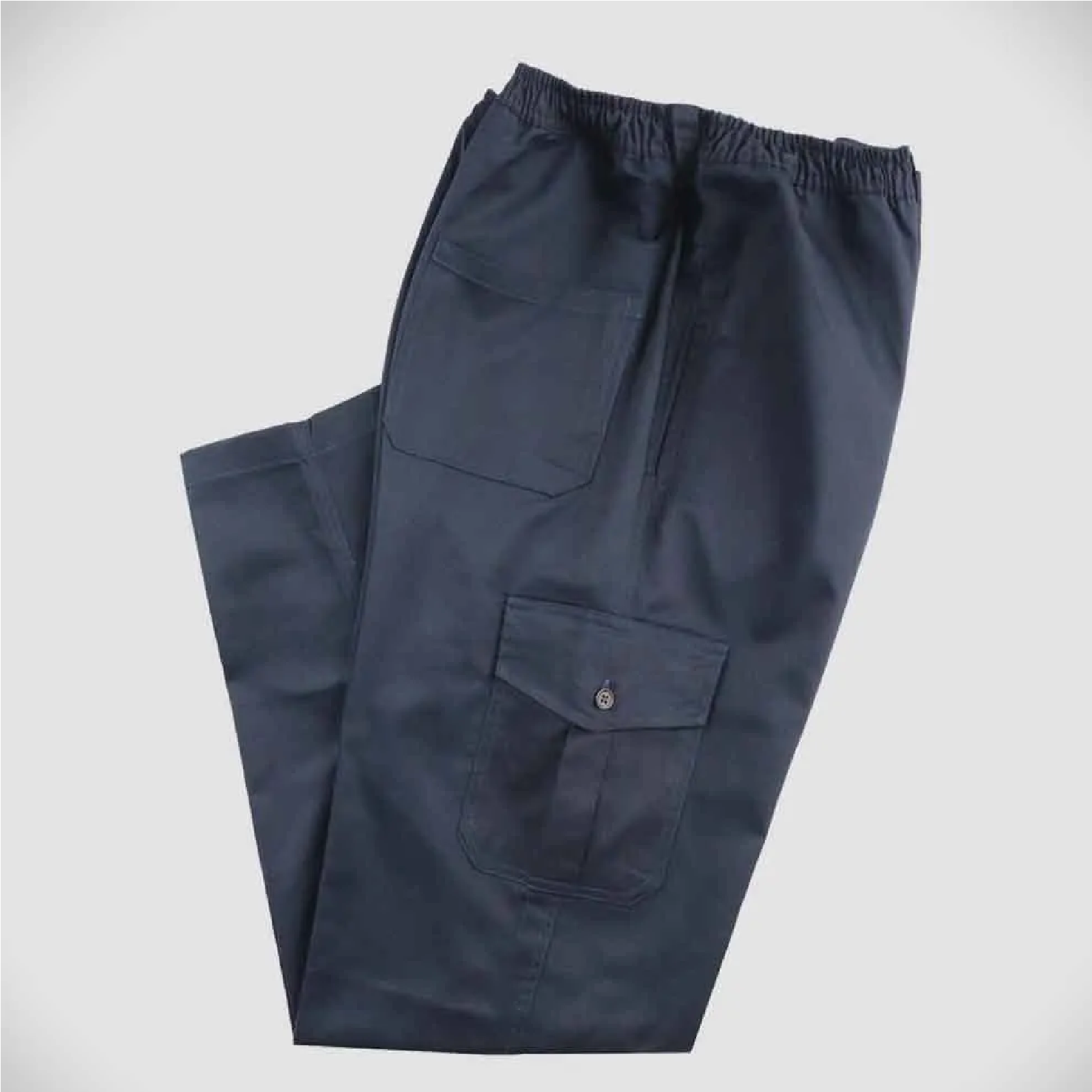 Dark blue pants with two front pockets on a light gray background