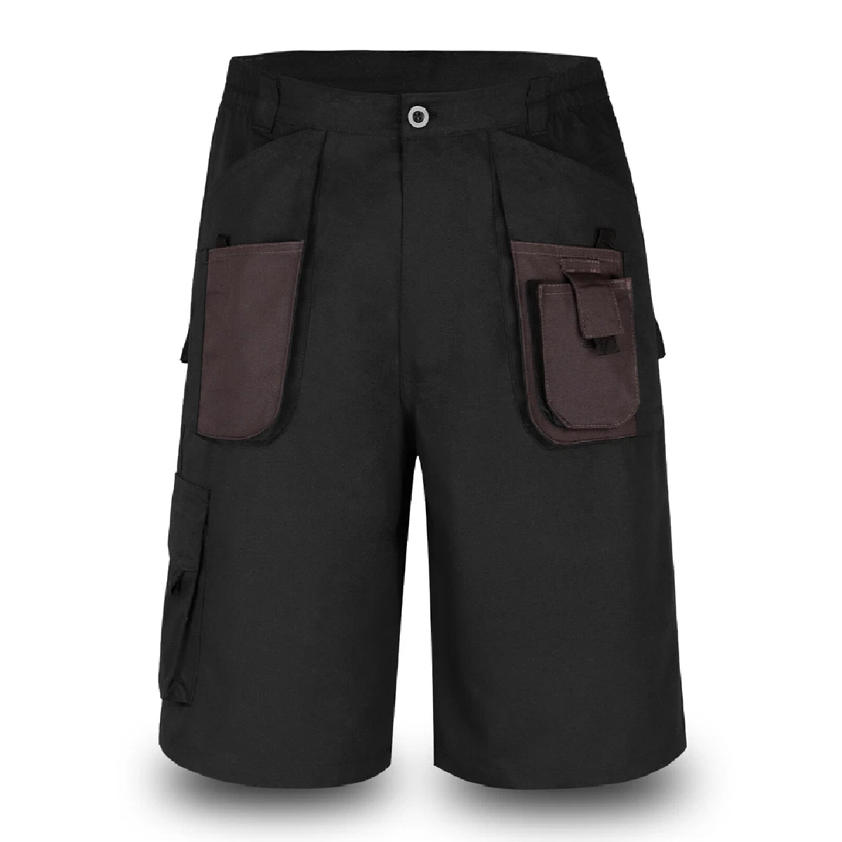 Black shorts with brown pockets on a white background