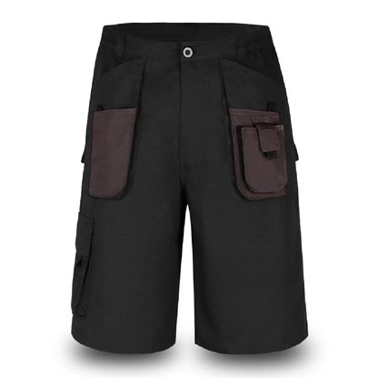 Black shorts with brown pockets on a white background