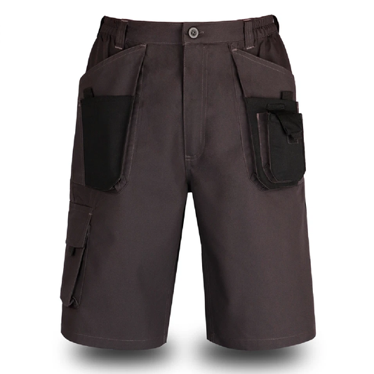 Dark ash work shorts with multiple pockets on a white background