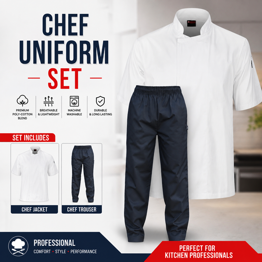 Chef Uniform Set – White Short Sleeve Chef Jacket & Black Chef Trousers