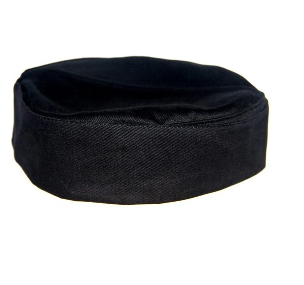 A black fabric skullcap or prayer cap shown from a three-quarter angle on a plain white background.
