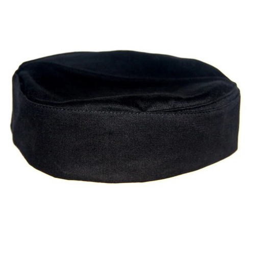 A black fabric skullcap or prayer cap shown from a three-quarter angle on a plain white background.