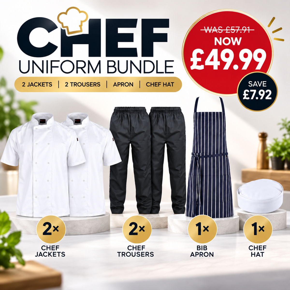 Chef uniform bundle with 2 chef jackets, 2 trousers, apron and hat