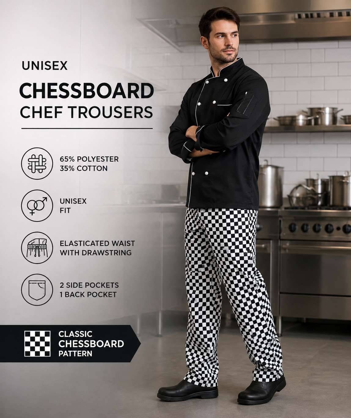 Classic chessboard print chef trouser