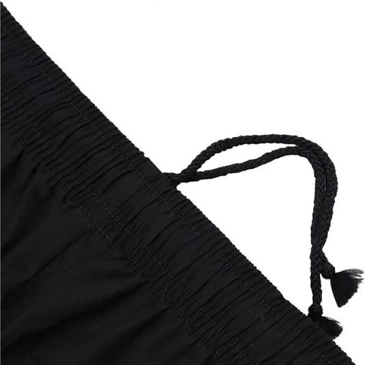 Close look of drawstring of black work trouser