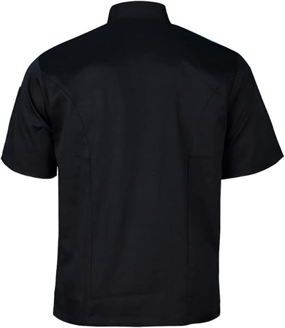 Black short-sleeve hidden button shirt backside on a white background