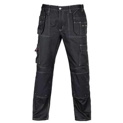 Black holster work pants with multiple pockets on a white background