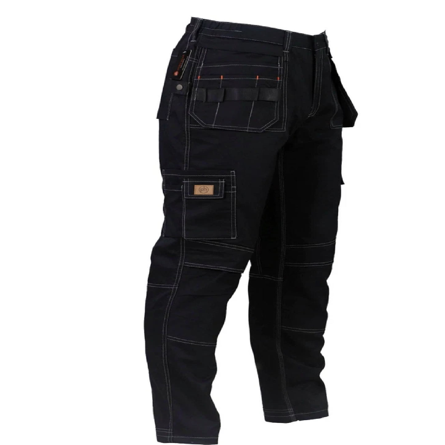 Black holster work pants with multiple pockets on a white background
