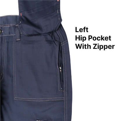 Navy blue pants with a left hip pocket featuring a zipper on a white background.