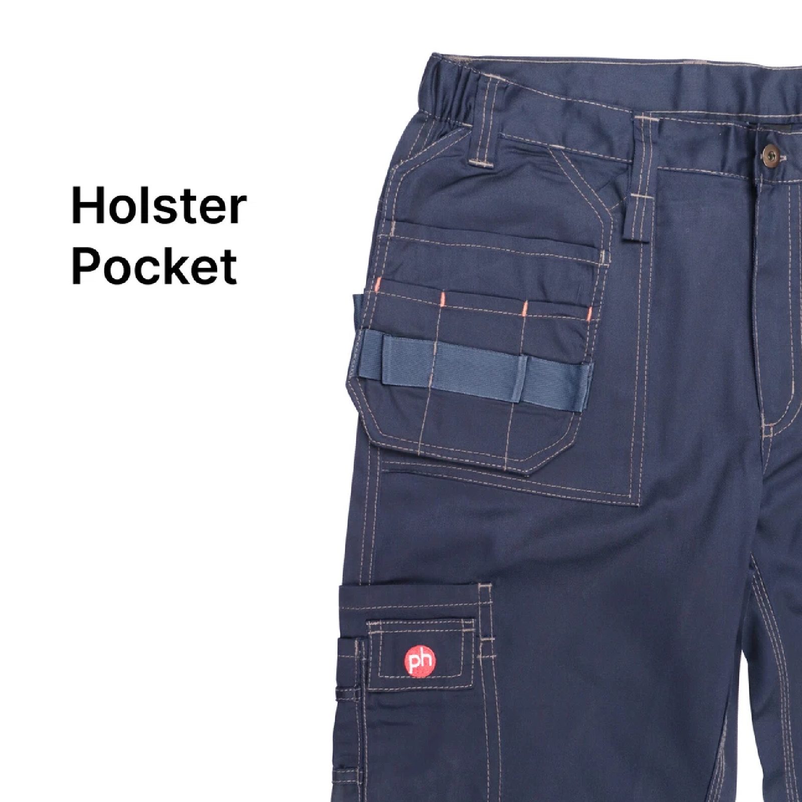Navy blue work pants with a holster pocket on a white background