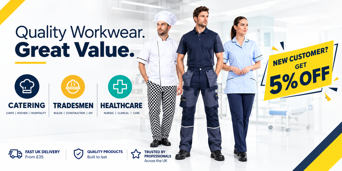 Homepage banner showcasing tradesman, healthcare and catering items for union workwear. 