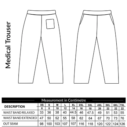 Line drawing of medical trousers with a measurement chart below.