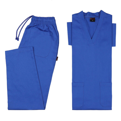 Hospital Blue scrub set with pants and top on a white background