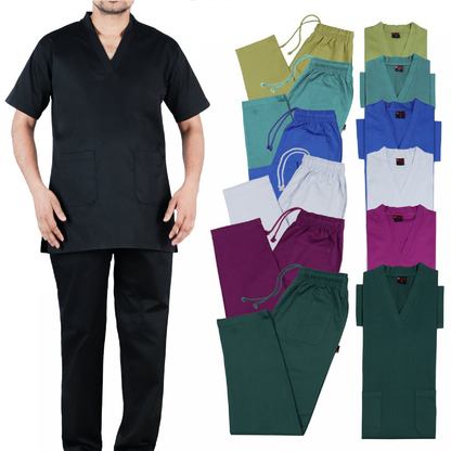 Man wearing black scrub set with colorful scrubs displayed on a white background