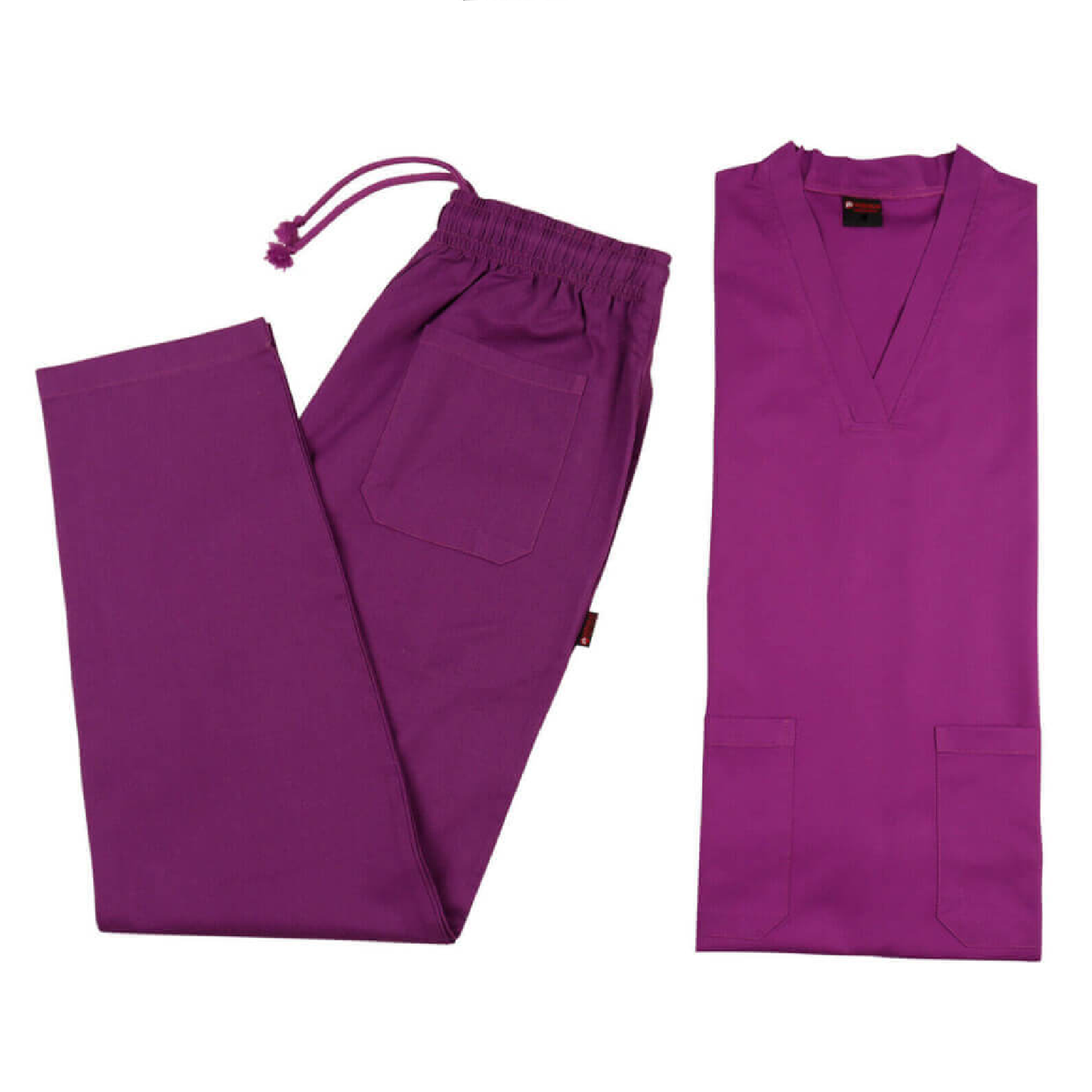 Purple scrub set with pants and top on a white background