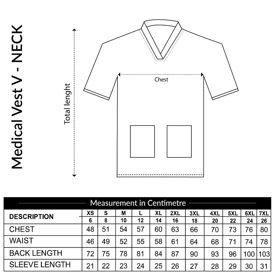 A size measurement chart for a Medical Vest V neck, showing a simple line drawing of the vest with arrows indicating chest and total length, plus a table below listing measurements in centimeters by size from XS to 7XL.