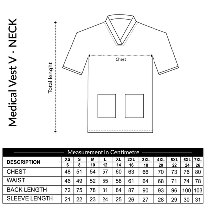 A size measurement chart for a Medical Vest V neck, showing a simple line drawing of the vest with arrows indicating chest and total length, plus a table below listing measurements in centimeters by size from XS to 7XL.
