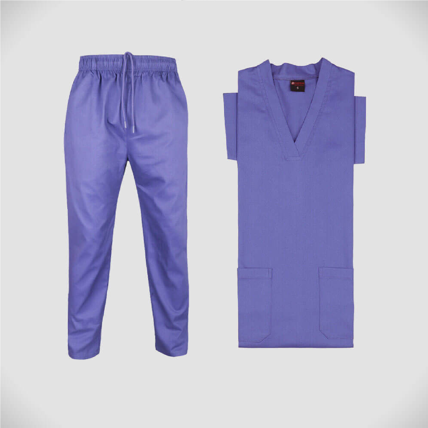 Sky Blue scrub set with pants and top on a light gray background