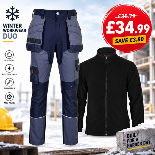 Men's tradesman workwear bundle with 330gsm holster cargo trousers and black fleece jacket