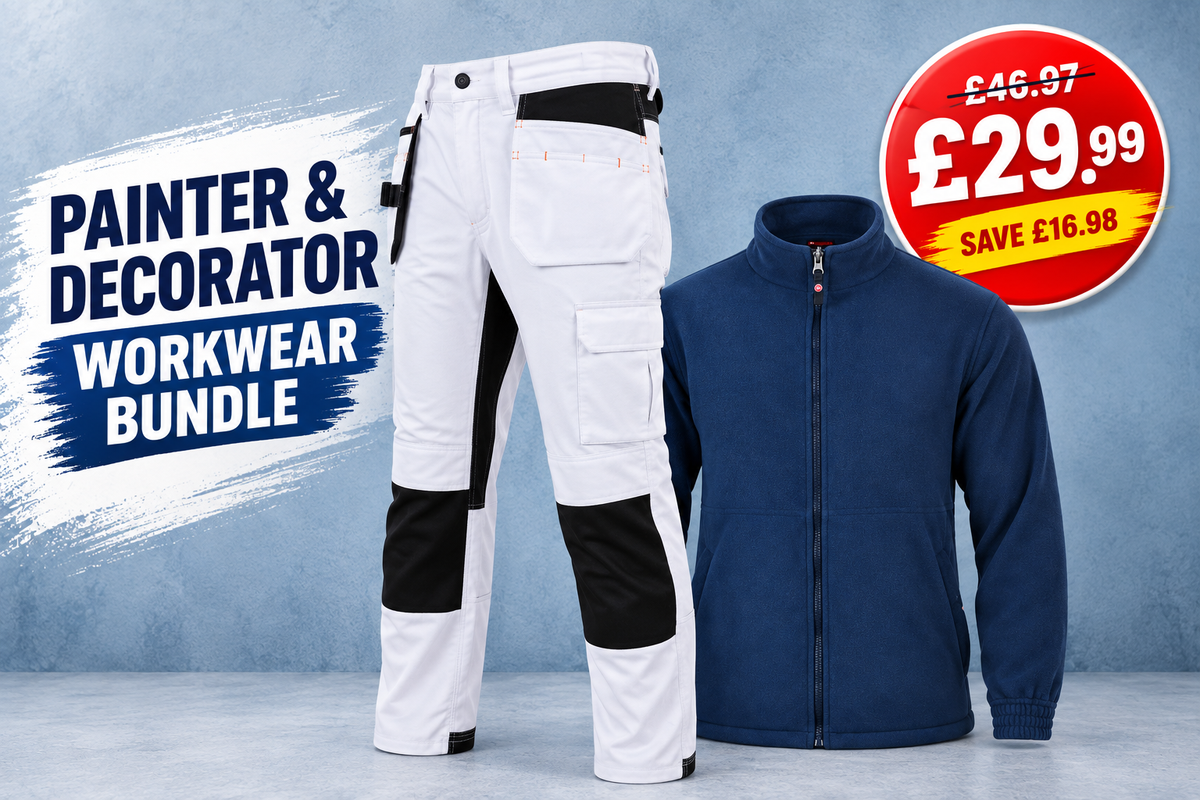 Painter and decorator workwear bundle with white 330gsm cargo trousers and navy full zip fleece
