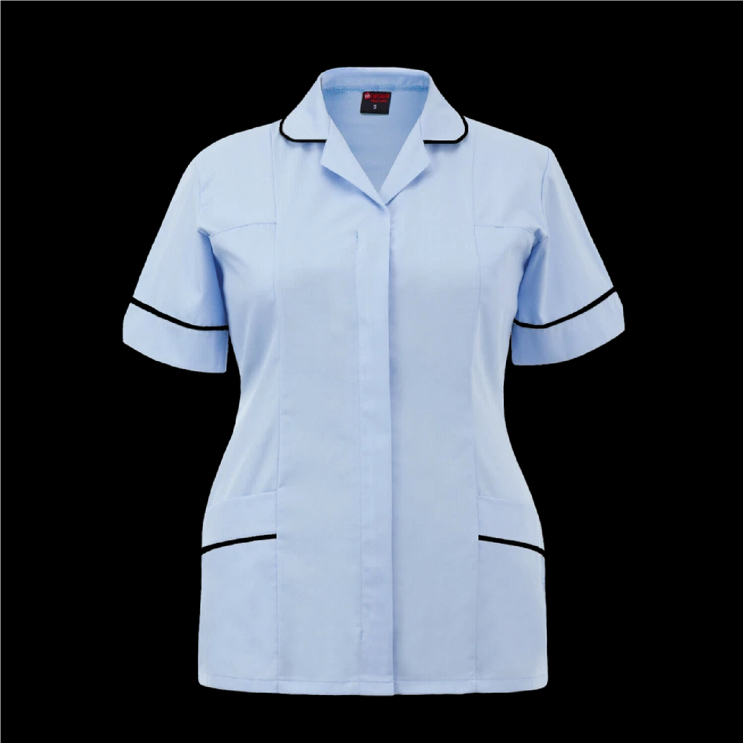 Women's Sky Blue Healthcare Tunic with Black Piping Trim Front View