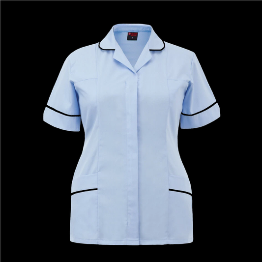 Women's Sky Blue Healthcare Tunic with Black Piping Trim Front View