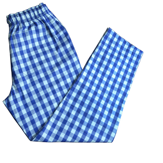 Blue and white checkered pants on a white background