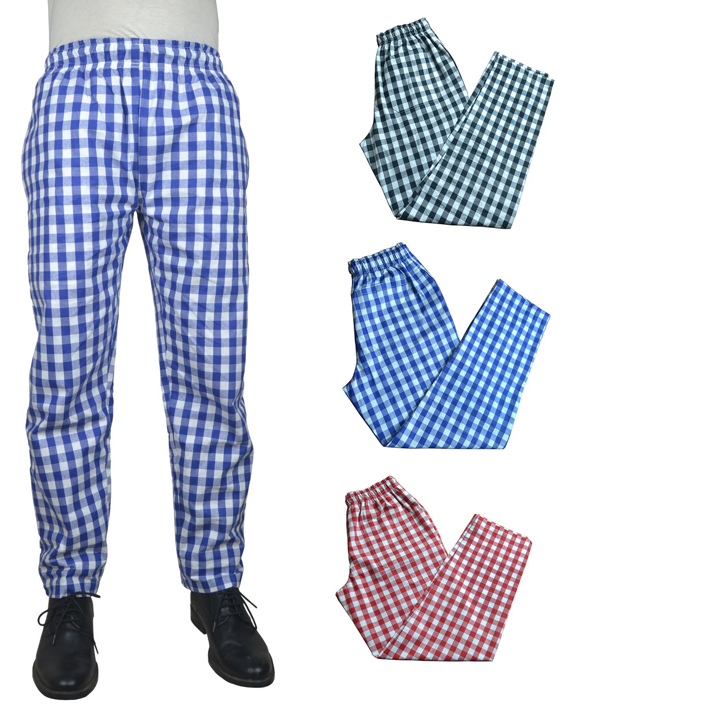Four pairs of checkered pants in different colors on a white background.