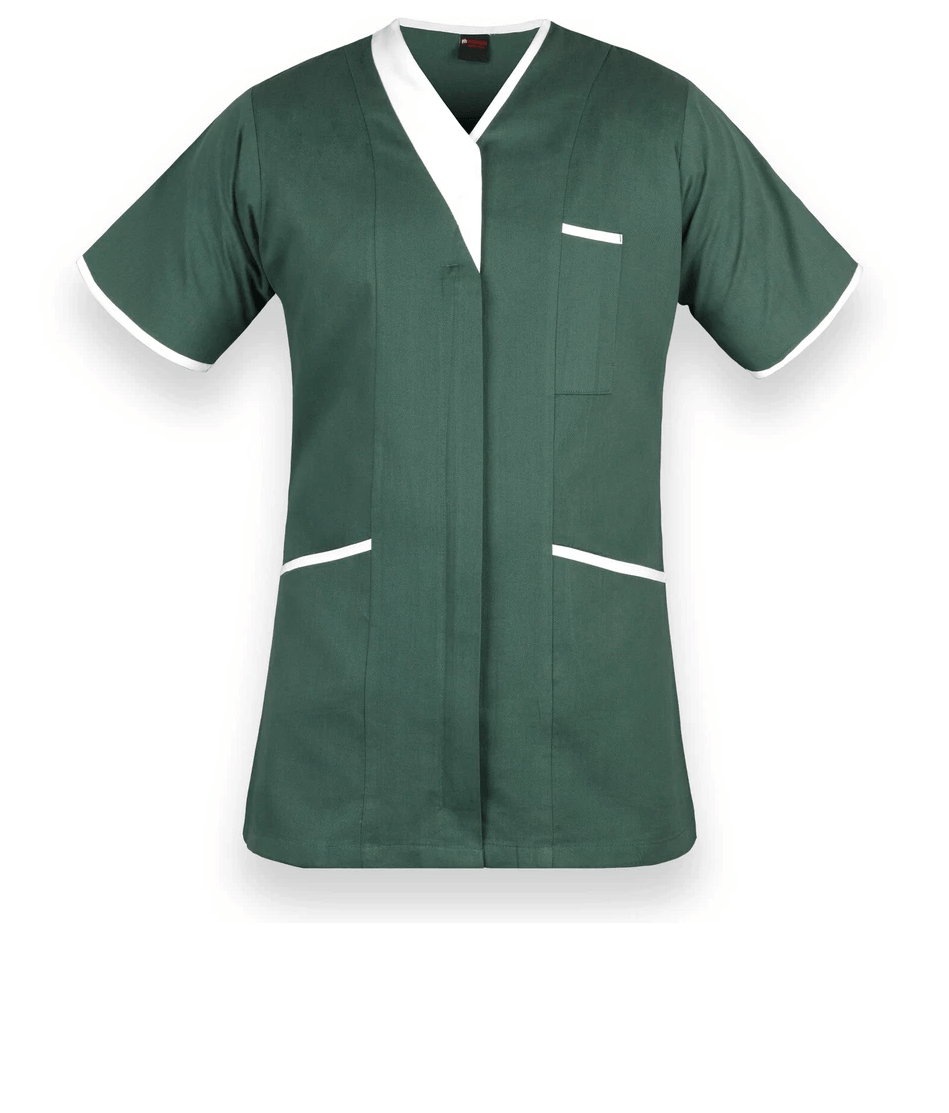A dark green short-sleeve scrub top with white contrast trim on the V-neck, sleeve cuffs, and pockets, shown against a plain white background.