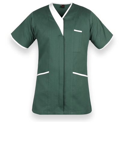 A dark green short-sleeve scrub top with white contrast trim on the V-neck, sleeve cuffs, and pockets, shown against a plain white background.