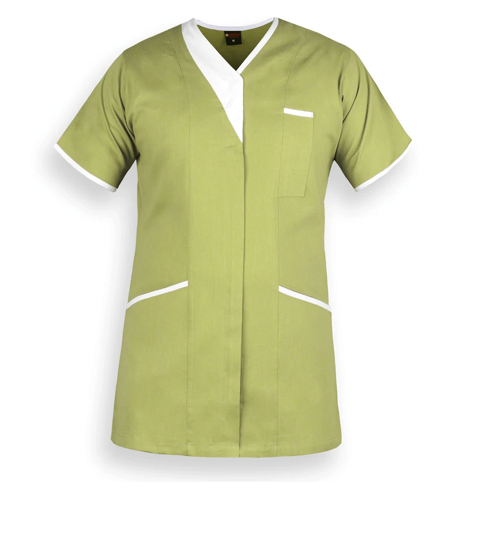 A short-sleeve scrub top in olive green with white contrast trim along the V-neck, sleeve cuffs, and pocket edges, shown against a plain white background.