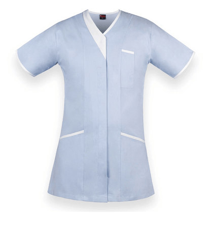 A light blue short-sleeve scrub top with white trim on the V-neck, sleeve cuffs, chest pocket, and lower front pockets, shown against a plain white background.