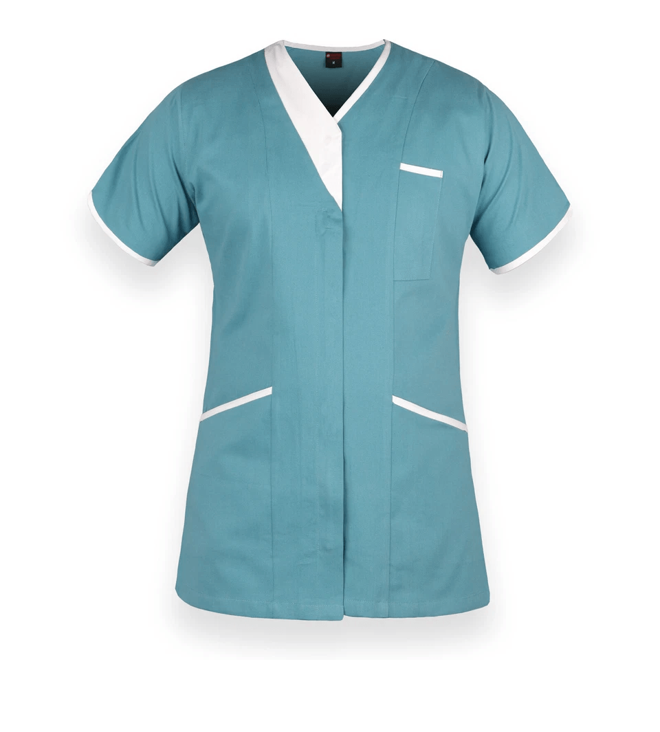 A short-sleeve V-neck scrub top in teal with white contrast trim on the collar, sleeve cuffs, and pocket edges, shown against a plain white background.