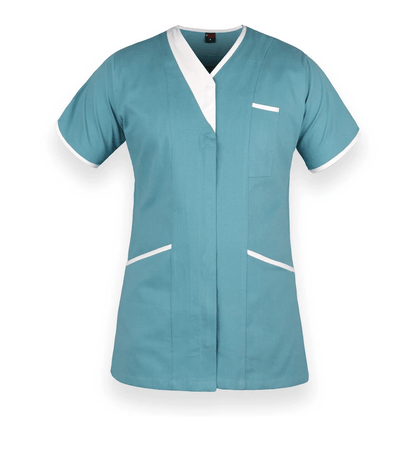 A short-sleeve V-neck scrub top in teal with white contrast trim on the collar, sleeve cuffs, and pocket edges, shown against a plain white background.