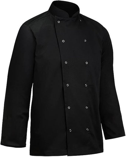 Visible button long sleeve black chef jacket full view