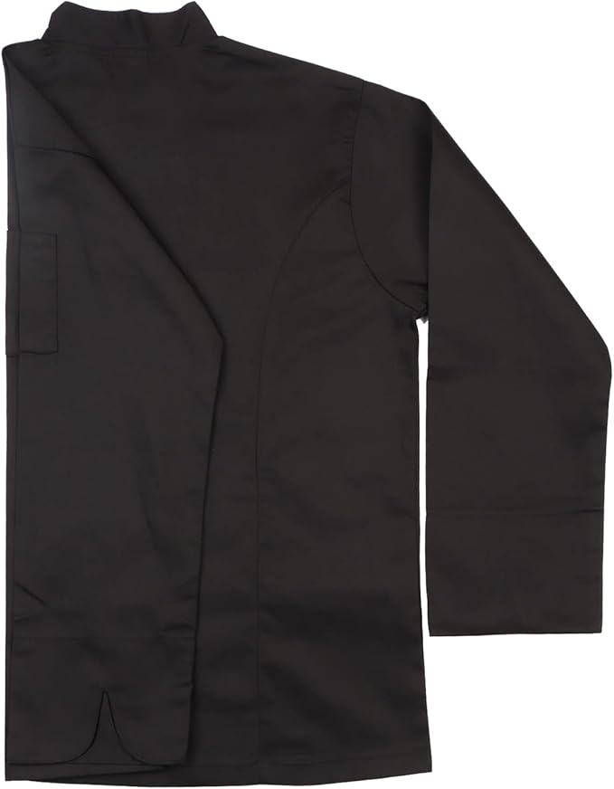 Visible button long sleeve black chef jacket close look