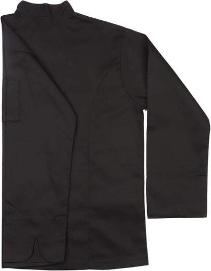 Visible button long sleeve black chef jacket close look