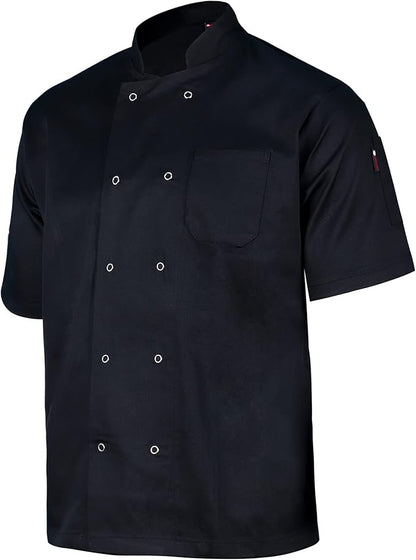 Black short sleeve chef's jacket close look
