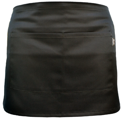 Black waist apron with pockets on a white background